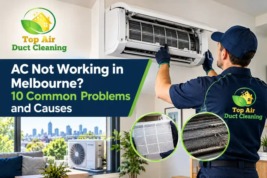 Air conditioning technician inspecting a dirty split system AC filter to diagnose common air conditioner problems in Melbourne.