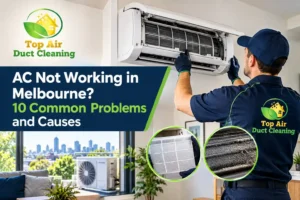 Air conditioning technician inspecting a dirty split system AC filter to diagnose common air conditioner problems in Melbourne.