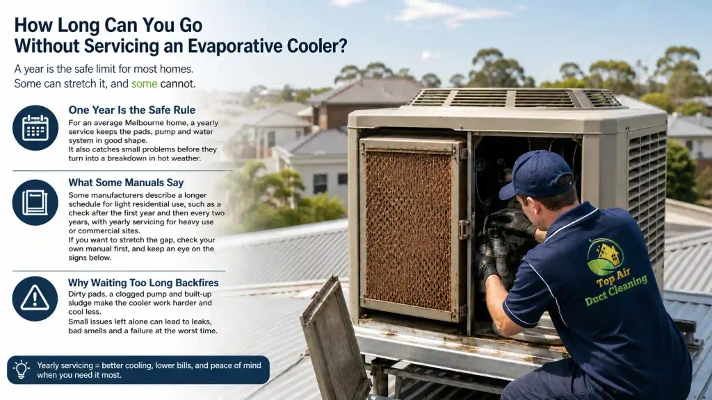 Infographic explaining how long you can go without servicing an evaporative cooler with a technician inspecting a roof unit
