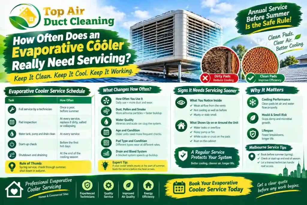 How often should an evaporative cooler be serviced? Top Air Duct Cleaning Melbourne featured image highlighting annual evaporative cooling maintenance, cleaning cooler pads, checking the water pump, and preparing the unit for summer.