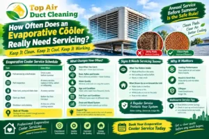 How often should an evaporative cooler be serviced? Top Air Duct Cleaning Melbourne featured image highlighting annual evaporative cooling maintenance, cleaning cooler pads, checking the water pump, and preparing the unit for summer.
