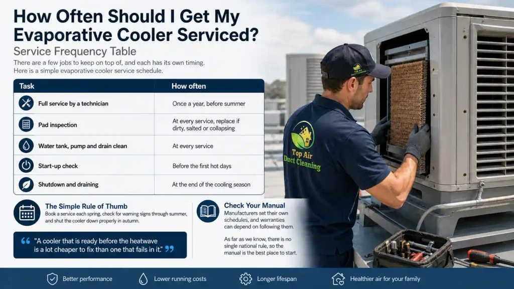 Evaporative cooler service frequency table showing maintenance schedule and technician inspecting a cooling pad