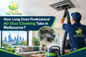 Professional air duct cleaning technician removing dust from a ceiling duct in a Melbourne home.