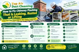 How to fix leaking, rusted or lifting chimney flashing in Melbourne, featuring roof flashing damage, professional repair steps and licensed roof plumbing advice from Top Air Duct Cleaning.