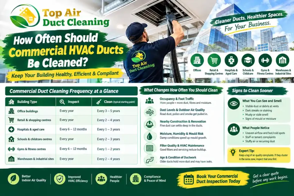 Commercial HVAC duct cleaning frequency guide by Top Air Duct Cleaning in Melbourne, showing recommended inspection and cleaning schedules for offices, hospitals, schools, gyms, retail centres and warehouses.