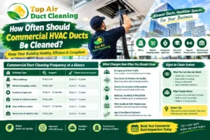 Commercial HVAC duct cleaning frequency guide by Top Air Duct Cleaning in Melbourne, showing recommended inspection and cleaning schedules for offices, hospitals, schools, gyms, retail centres and warehouses.