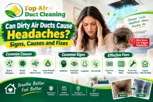 Can dirty air ducts cause headaches? Top Air Duct Cleaning Melbourne infographic showing dirty ducts, indoor air quality concerns, common symptoms, and professional duct cleaning solutions.