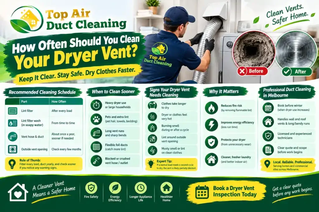 How often should you clean your dryer vent? Top Air Duct Cleaning Melbourne infographic showing dryer vent cleaning frequency, lint buildup, warning signs, fire safety benefits, and professional dryer vent cleaning.