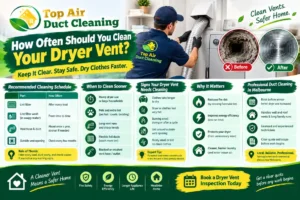 How often should you clean your dryer vent? Top Air Duct Cleaning Melbourne infographic showing dryer vent cleaning frequency, lint buildup, warning signs, fire safety benefits, and professional dryer vent cleaning.