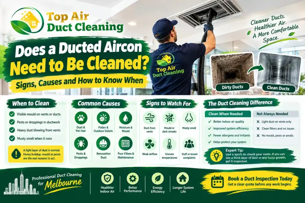 Does a ducted aircon need to be cleaned? Top Air Duct Cleaning Melbourne infographic showing dirty and clean air ducts, signs of dust and mould buildup, and when professional duct cleaning is necessary.