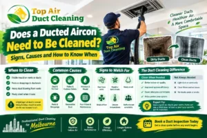Does a ducted aircon need to be cleaned? Top Air Duct Cleaning Melbourne infographic showing dirty and clean air ducts, signs of dust and mould buildup, and when professional duct cleaning is necessary.