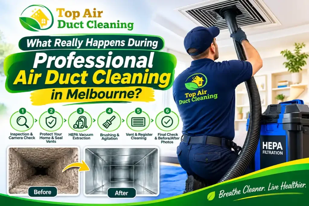 Professional air duct cleaning in Melbourne by Top Air Duct Cleaning, showing HEPA vacuum extraction, duct cleaning steps, and before-and-after duct results.