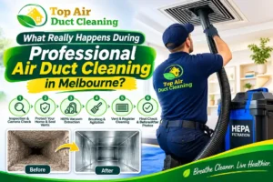 Professional air duct cleaning in Melbourne by Top Air Duct Cleaning, showing HEPA vacuum extraction, duct cleaning steps, and before-and-after duct results.