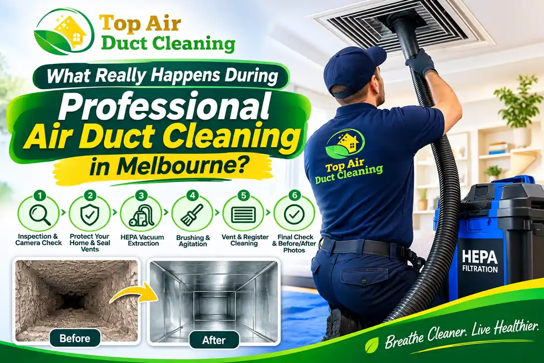 Professional air duct cleaning in Melbourne by Top Air Duct Cleaning, showing HEPA vacuum extraction, duct cleaning steps, and before-and-after duct results.